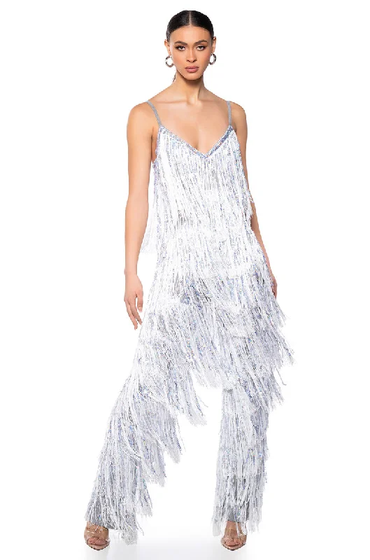 women's jumpsuits with self-ties at the waistSTAR OF THE SHOW FRINGE JUMPSUIT