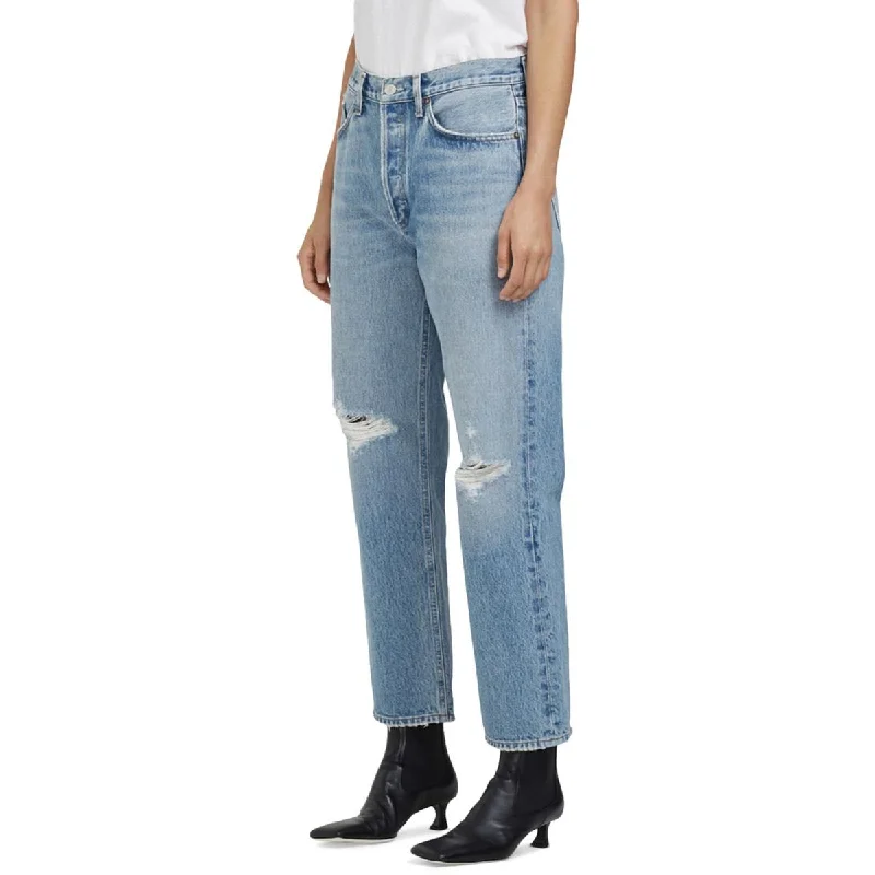 women's denim jeans with distressed hemsLana Womens Denim Light Wash Cropped Jeans