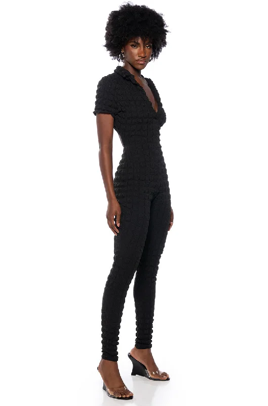 women's jumpsuits with solid colorsMAKE ME BELIEVE TEXTURED SHORT SLEEVE JUMPSUIT IN BLACK