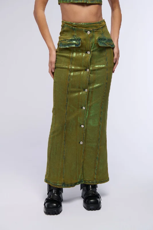 women's elastic waist skirtsSHES GLOWING METALLIC DENIM MAXI SKIRT