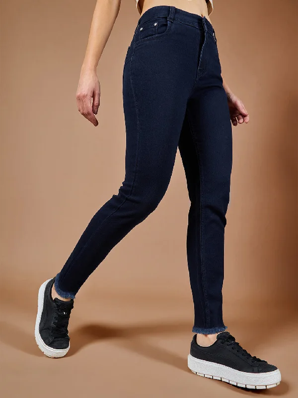 women's distressed denim jeans24/7 comfort Women's Navy Blue Mid Rise Solid Stretchable Denim Jeans