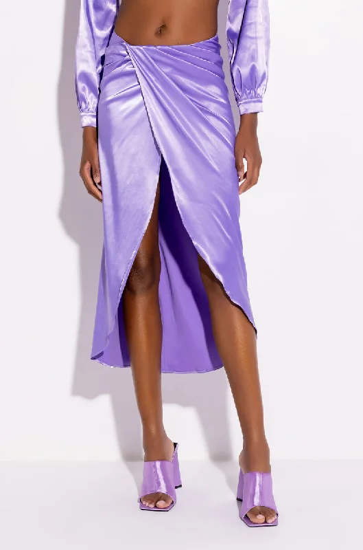 women's A-line skirtsON MY LEVEL WRAP FRONT SATIN MIDI SKIRT