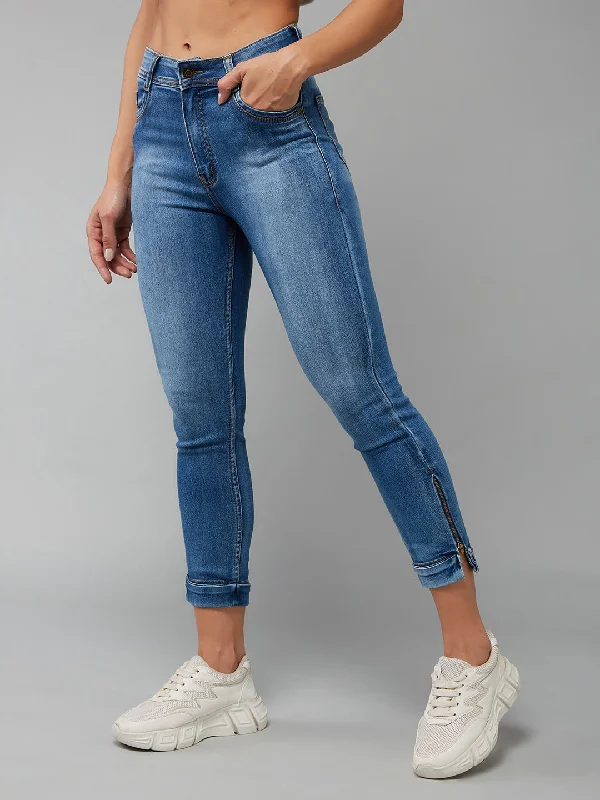 women's denim jeans for a stylish outfitWomen's Blue Skinny Fit High Rise Ankle Length Acid Wash Blast Effect Denim Stretchable Jeans