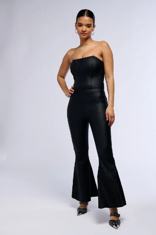 women's jumpsuits for plus-size figuresMELODY FLARE LEG FAUX LEATHER JUMPSUIT