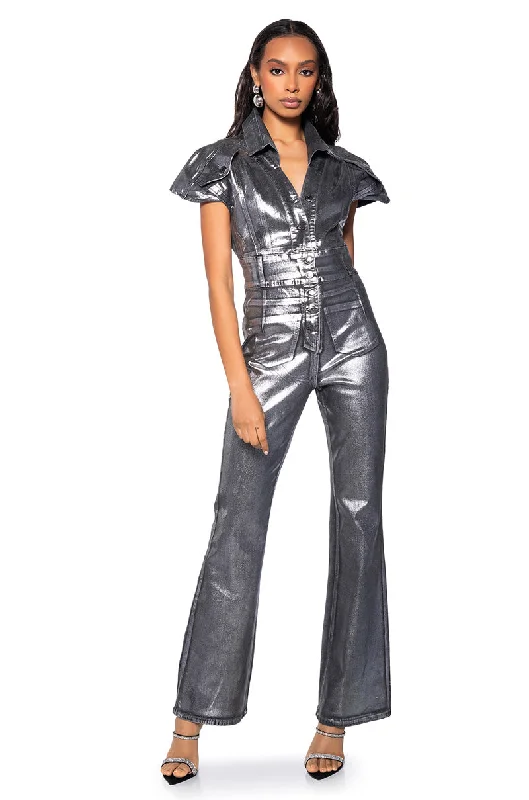 women's jumpsuits for machine-washable fabricsSHE'S ALL THAT METALLIC JUMPSUIT