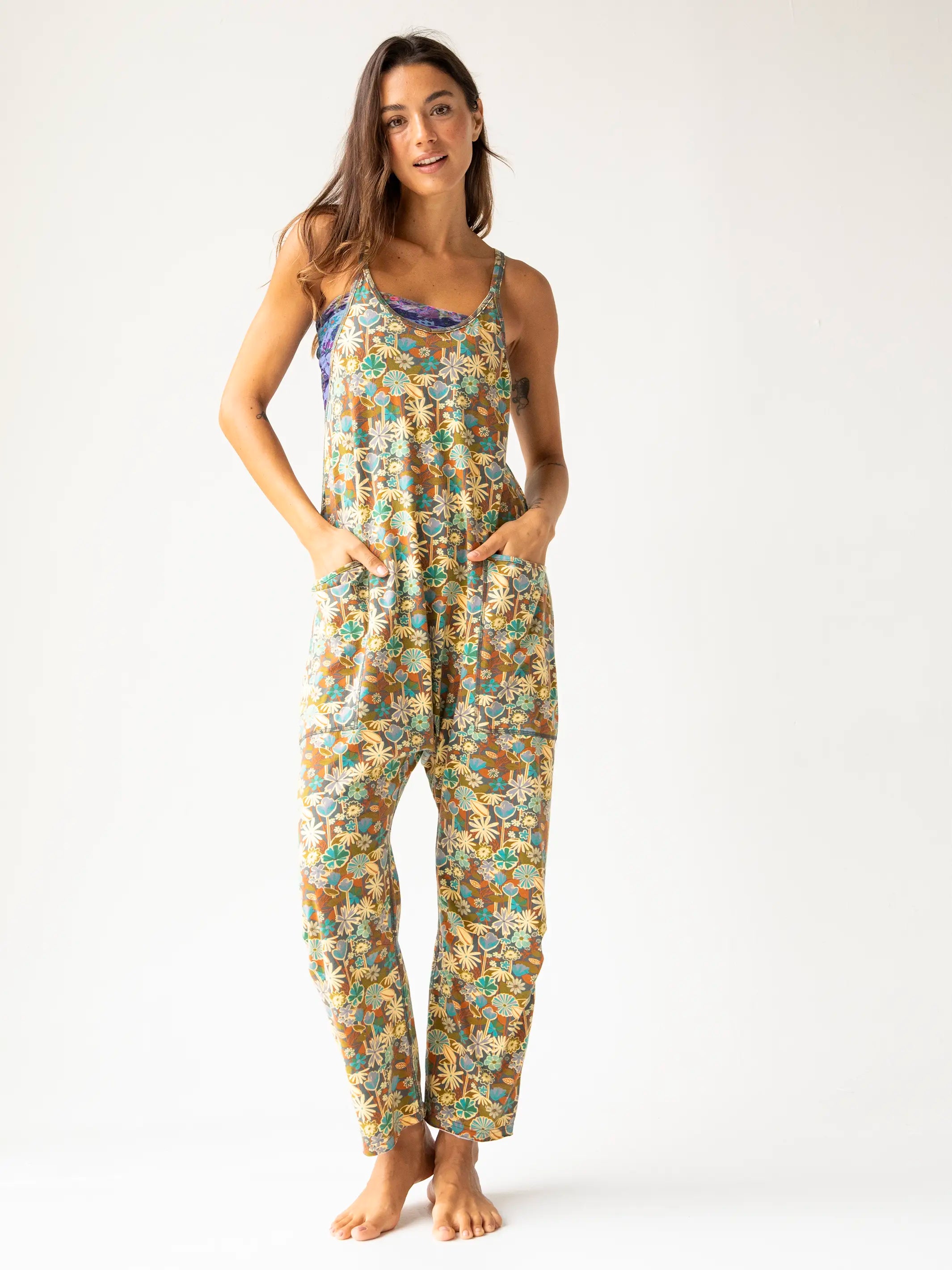 women's jumpsuits with cinched waistsLucy Jumpsuit - Green Blue Garden