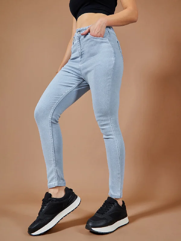 women's denim jeans with stretch fabric24/7 comfort Women's Light Blue Skinny Fringed Hemline Detailing High Rise Cropped Stretchable Denim Jeans