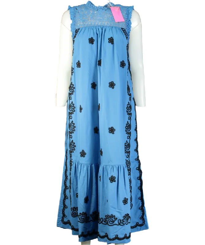 women's travel dressesRhode Resort Blue Embroidered Midi Dress In Pacific Rennes Applique UK L