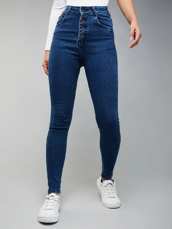 women's ripped denim jeans24/7 comfort Women's Blue Skinny-Fit High-Rise Clean-Look Regular-Length Stretchable Denim Jeans