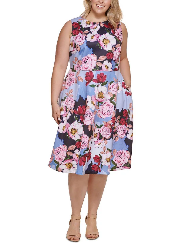 women's machine-washable dressesPlus Womens Floral Print Midi Fit & Flare Dress