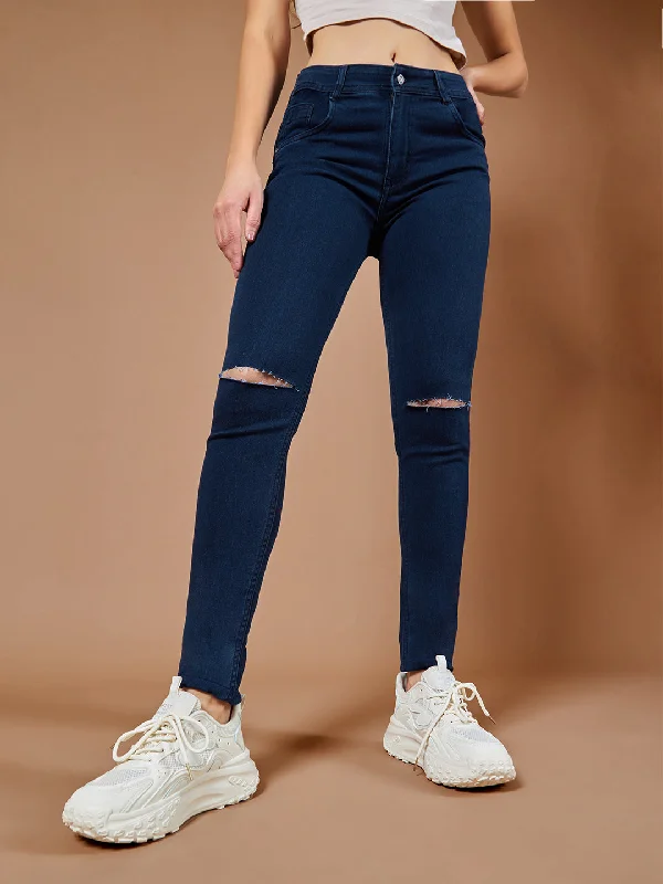 women's denim jeans for a cozy weekend24/7 comfort Women's Navy Blue Skinny Fit High Rise Knee Slit Denim Stretchable Jeans