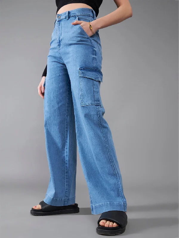 women's denim jeans for pear-shaped bodies24/7 Comfort Women's Light Blue Wide-Leg High-Rise Stretchable Cargo Denim Jeans