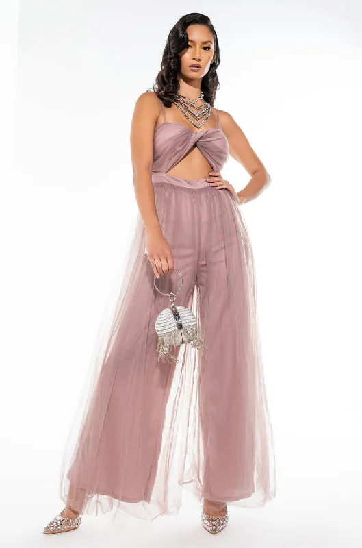 women's jumpsuits with high necksLOVE IS IN THE AIR FASHION TULLE JUMPSUIT BLUSH TAUPE