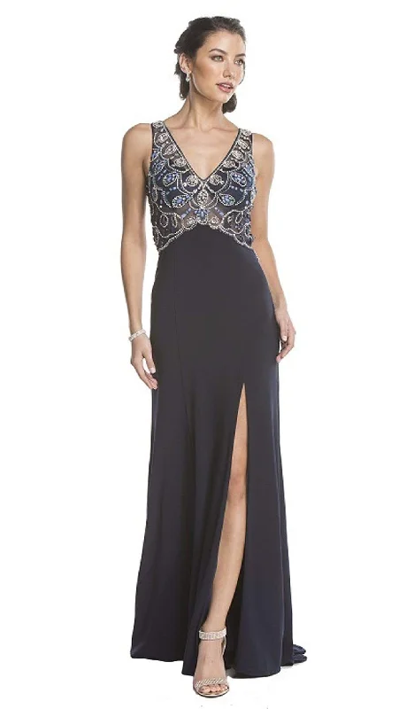 women's casual Friday dressesAspeed Design - Beaded V-Neck Evening Gown with Slit