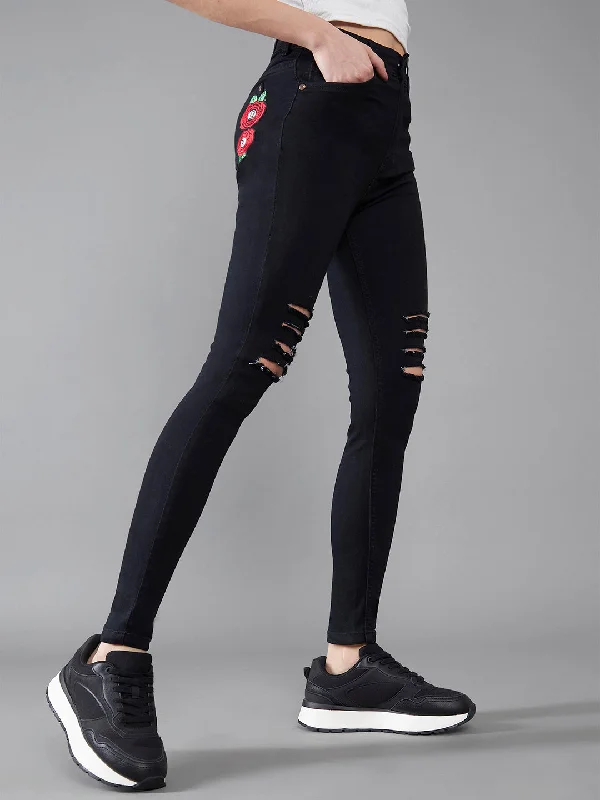 women's denim jeans for a casual Friday24/7 comfort Women's Black High Rise Mild Distress Stretchable Denim Jeans