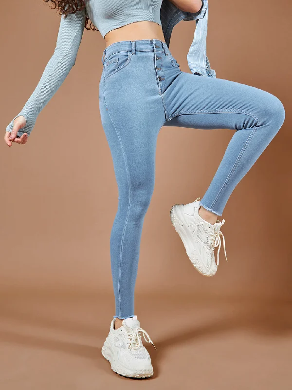 women's denim jeans for summerCHASEstretch™ Women's Blue Skinny Solid High Rise Cropped Fringed Hemline Denim Jeans