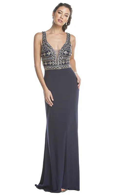 women's boho dressesAspeed Design - Plunging Embellished Sheath Evening Gown