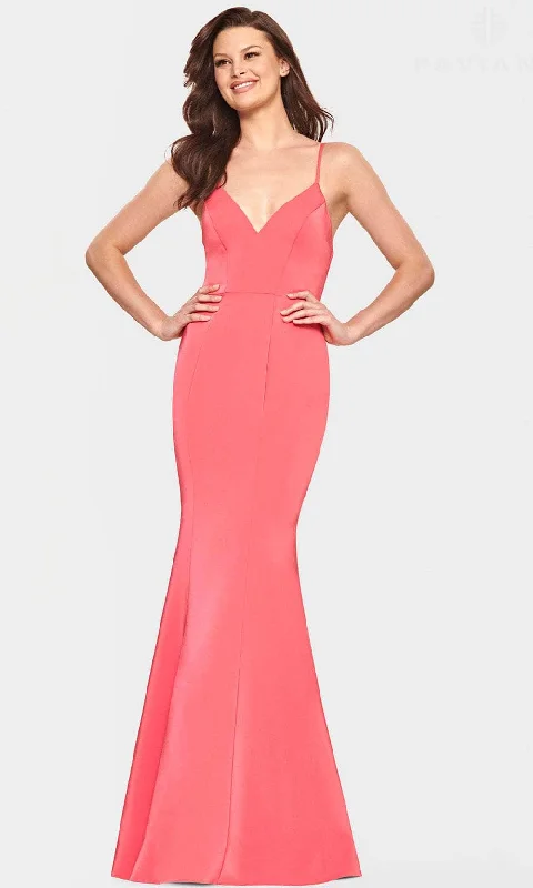 women's apple-shaped body dressesFaviana S10846 - V-Neck Satin Evening Dress