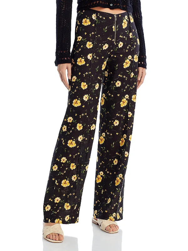 women's flare pantsWomens Floral Print Linen Straight Leg Pants