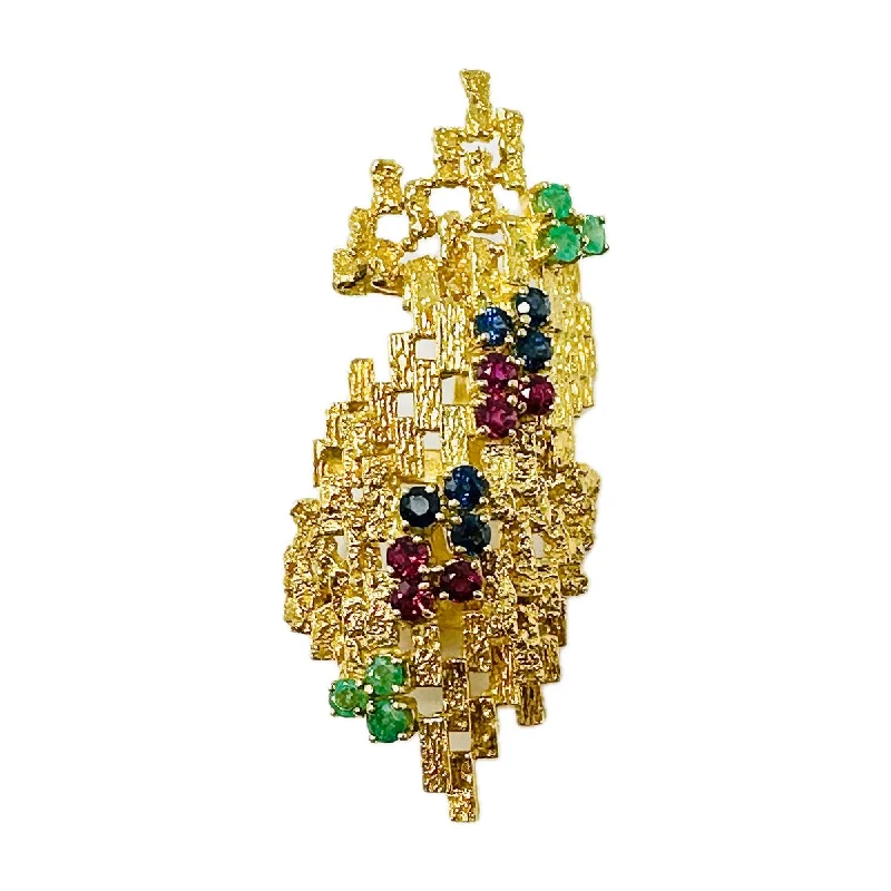 women's ruffle dresses18K Gold Convex Abstract Brooch with Sapphire, Rubies and Emeralds