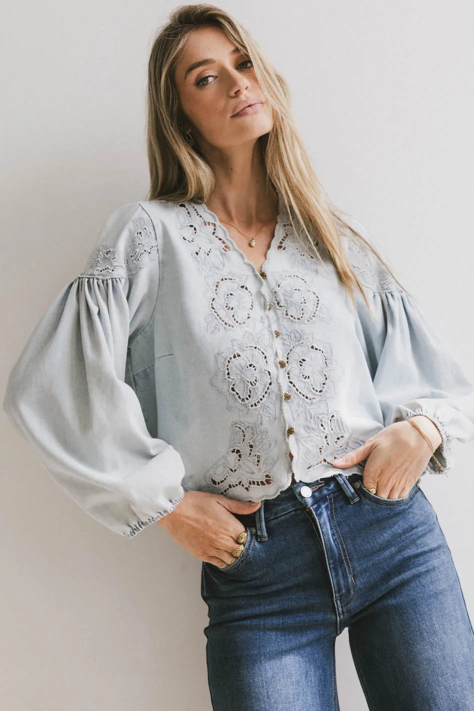 women's glam dressesViolet Embroidered Blouse in Denim