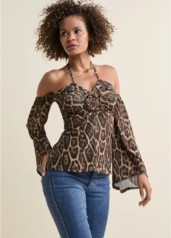 women's empire waist dressesHalter Tie Animal Print Top - Brown & Black