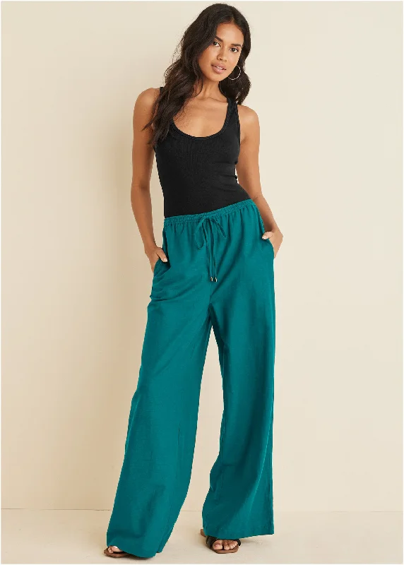 women's checkered dressesCotton Linen Wide Leg Pants - Teal