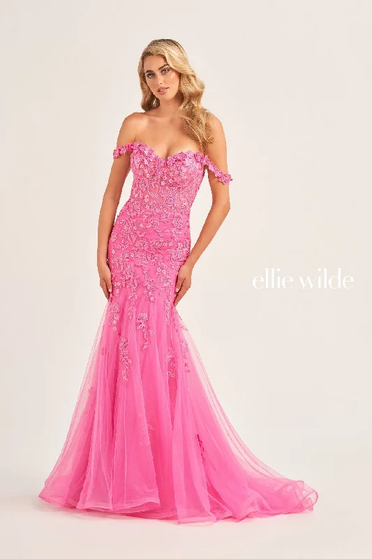 women's boho dressesEllie Wilde EW35102 Long Mermaid Fitted Applique Prom Dress