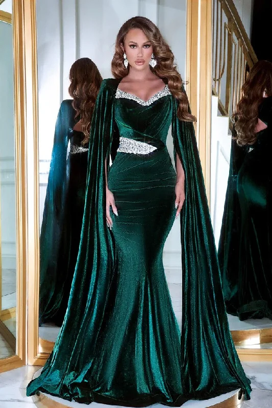 women's lace dressesPortia and Scarlett PS23394 Long Cape Sleeve Velvet Mermaid Prom Gown