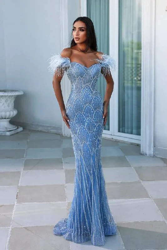 women's stretch dressesPortia and Scarlett PS23994 Long Off Shoulder Feather Prom Gown