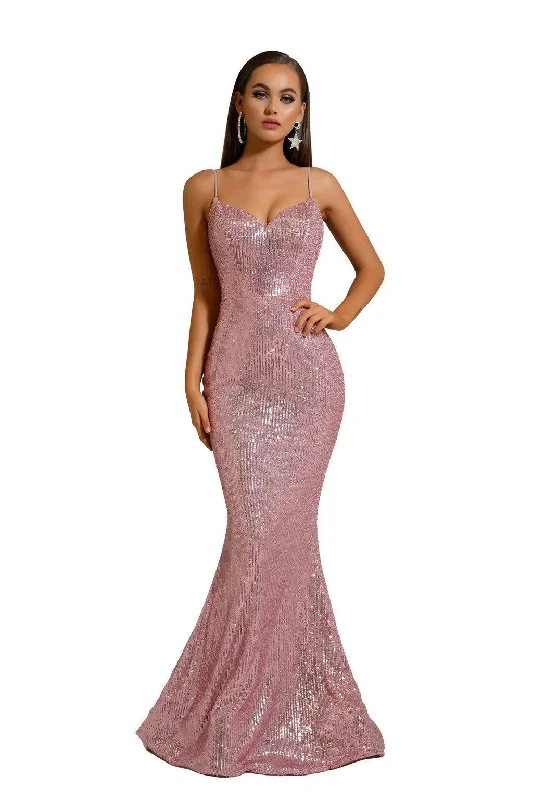 women's club dressesPortia and Scarlett PS6345 Long Spaghetti Strap Fitted Prom Gown