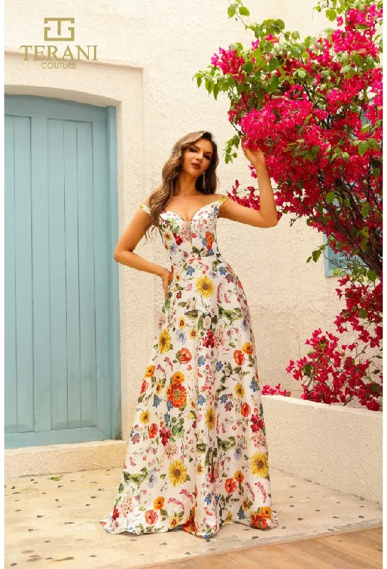 women's off-the-shoulder dressesTerani Couture 251P4375 A Line Long Floral Print Formal Prom Dress